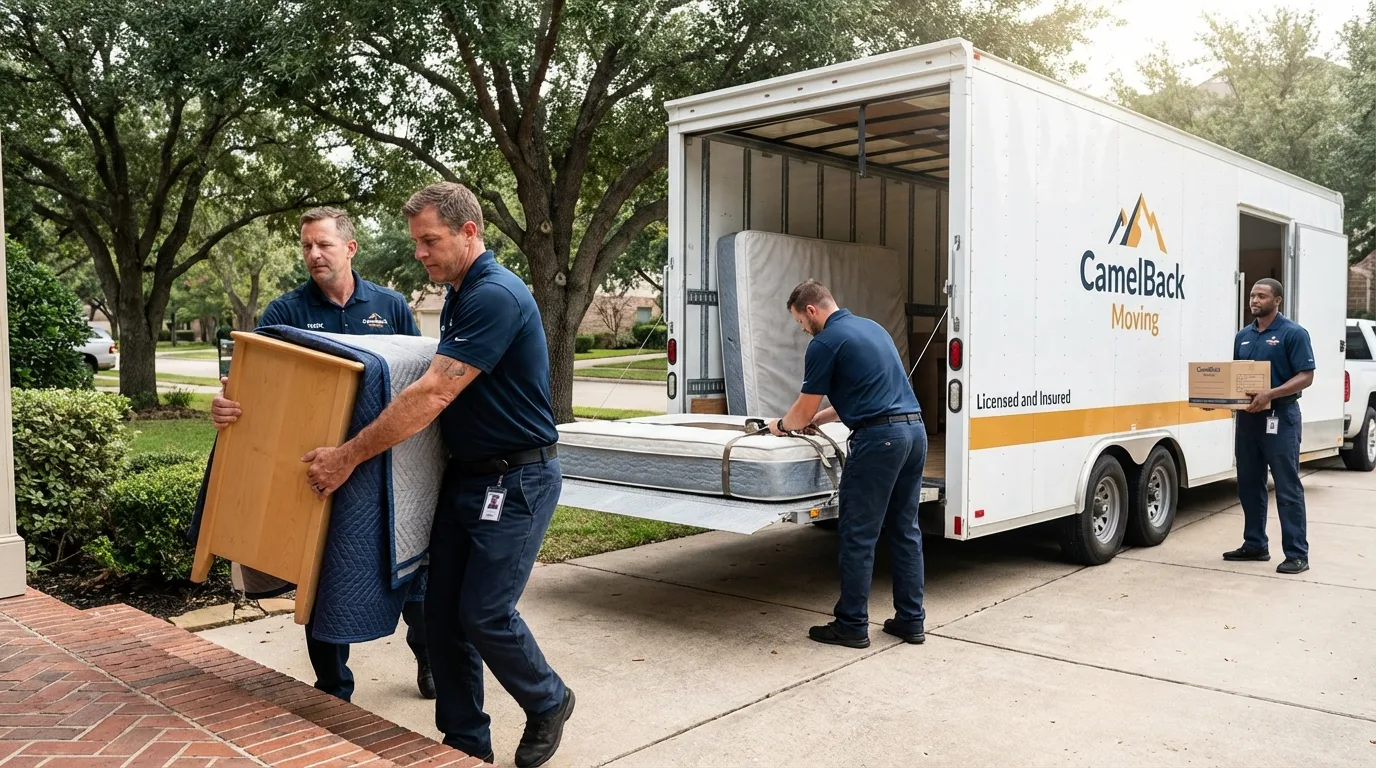 Crew loading residential truck for cross-state move from Hazen, AR