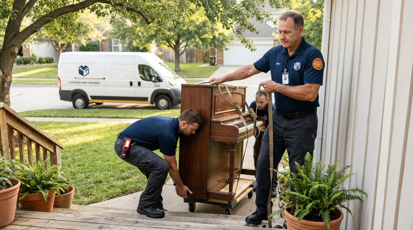 Licensed piano movers securing grand piano in Hazen, AR