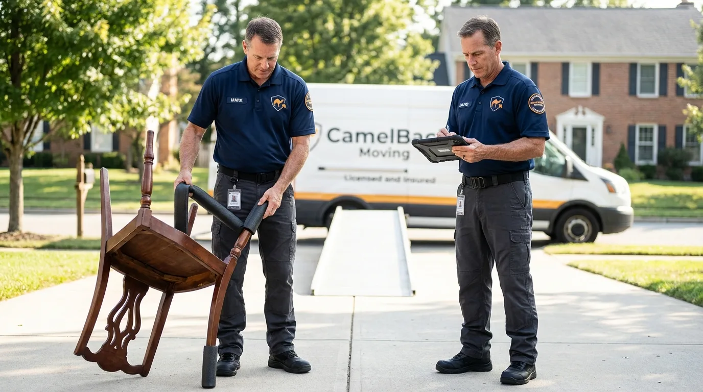 Movers inspecting furniture for damage prevention before loading in Hazen, AR