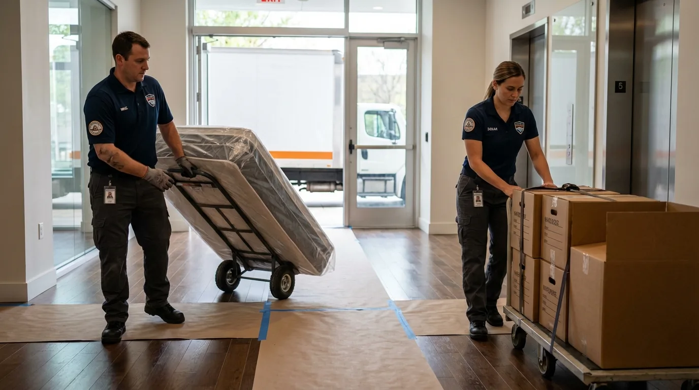 Professional apartment movers loading elevator in Hazen, AR