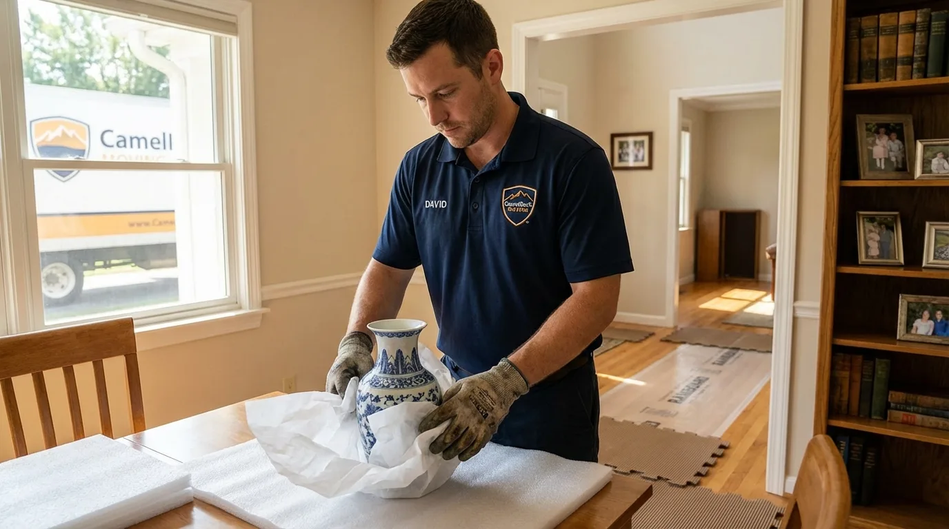 Professional crew carefully wrapping antique vase for senior downsizing move in Hazen, AR